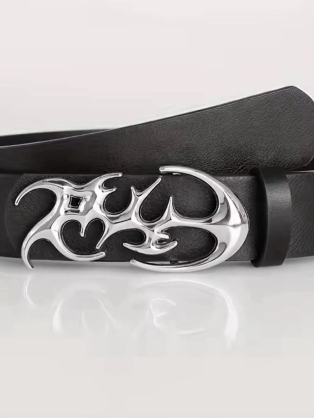 Men's Black Leather Belt with Silver Tribal Flame Buckle